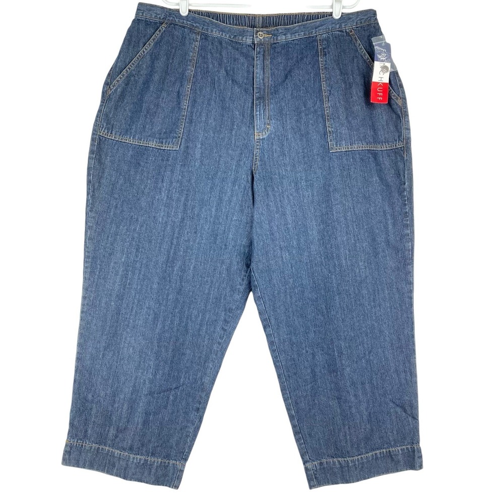 French Cuff Women's Capris Pants Plus 24W Elastic Back Cotton Blue High Rise NWT